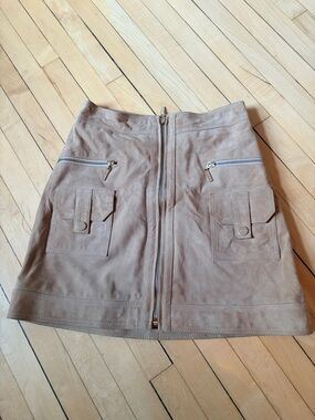 Marciano Taupe Genuine Suede Front-Zip Cargo Mini Skirt